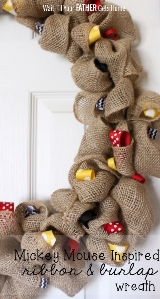 Mickey Mouse inspired ribbon & burlap wreath via Wait Til Your Father Gets Home #MickeyMouse #MickeyMouseParty #MickeyMouseBirthday #MickeyMouseWreath