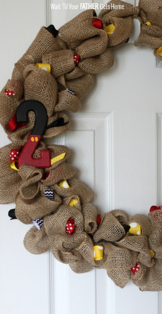 Mickey Mouse inspired ribbon & burlap wreath via Wait Til Your Father Gets Home #MickeyMouse #MickeyMouseParty #MickeyMouseBirthday #MickeyMouseWreath