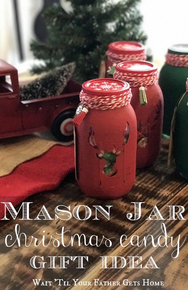 Mason Jar Christmas Candy gift idea via Wait 'Til Your Father Gets Home & Oriental Trading #MasonJarGifts #ChristmasGifts #GiftIdea #TeacherGifts